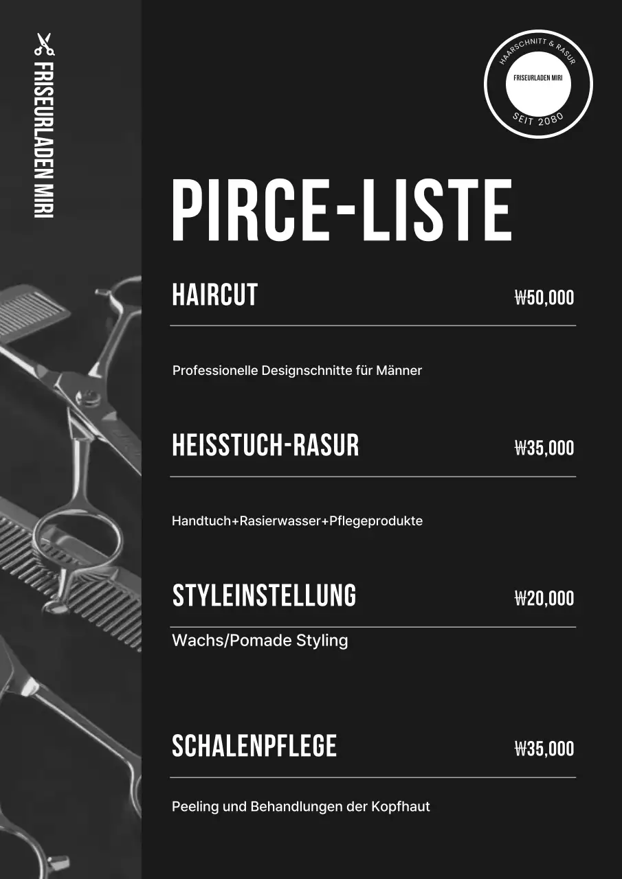 Preislistenführer für den Black Neat Beauty Salon