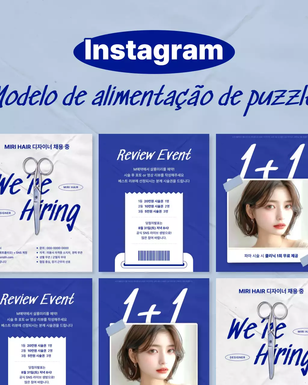 Um post simples de quebra-cabeça no feed do Instagram sobre um salão de beleza em azul e azul-celeste.