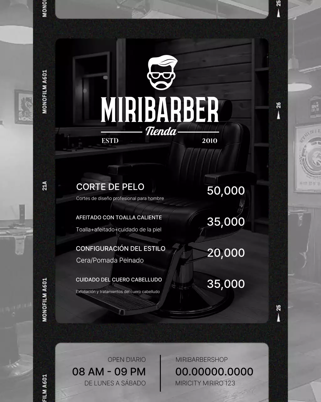 Promoción de salón de belleza moderno en blanco y negro.