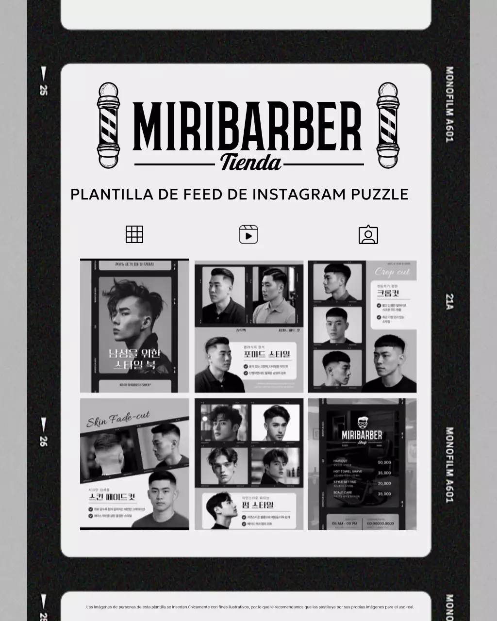 Promoción de salón de belleza moderno en blanco y negro.