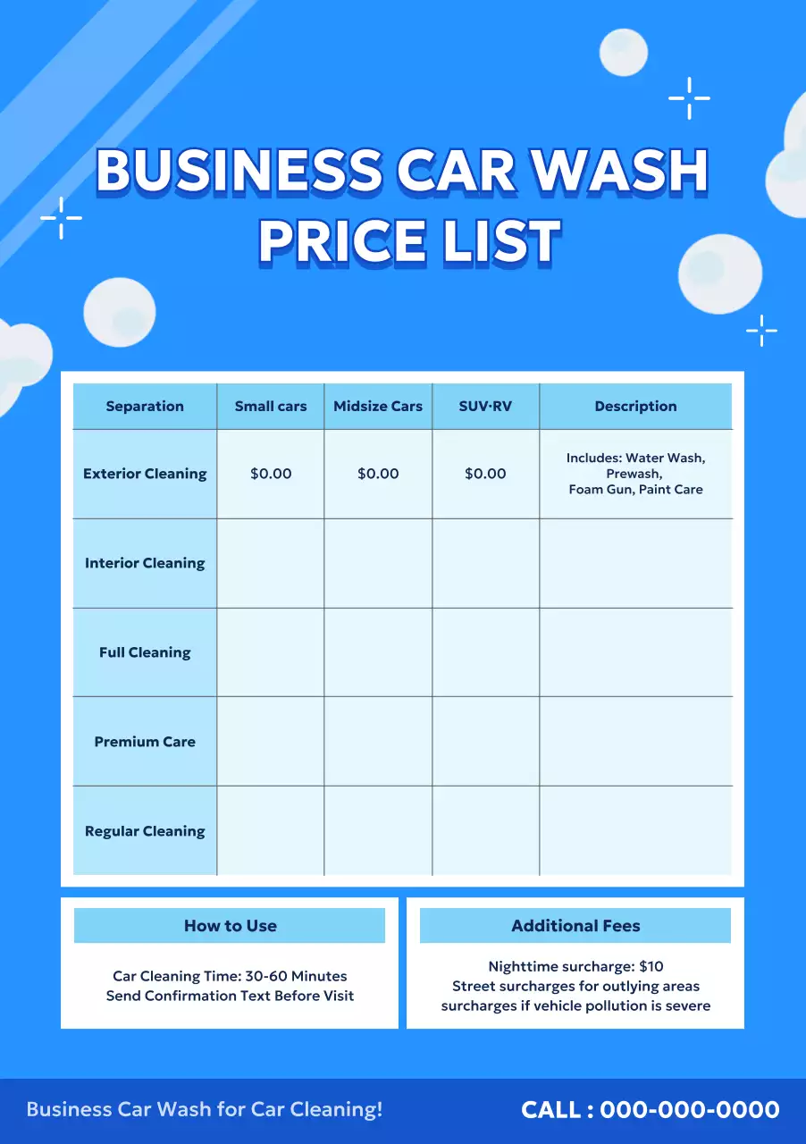 blue modern car wash menu