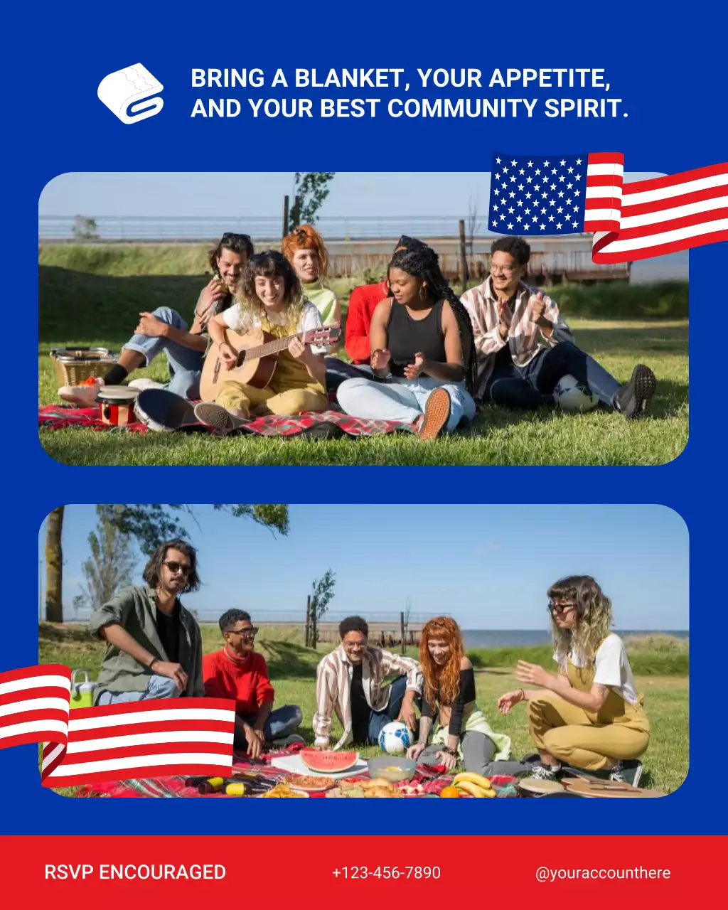 Red and Blue Bold Modern Labor Day Community Picnic Instagram Carousel Post