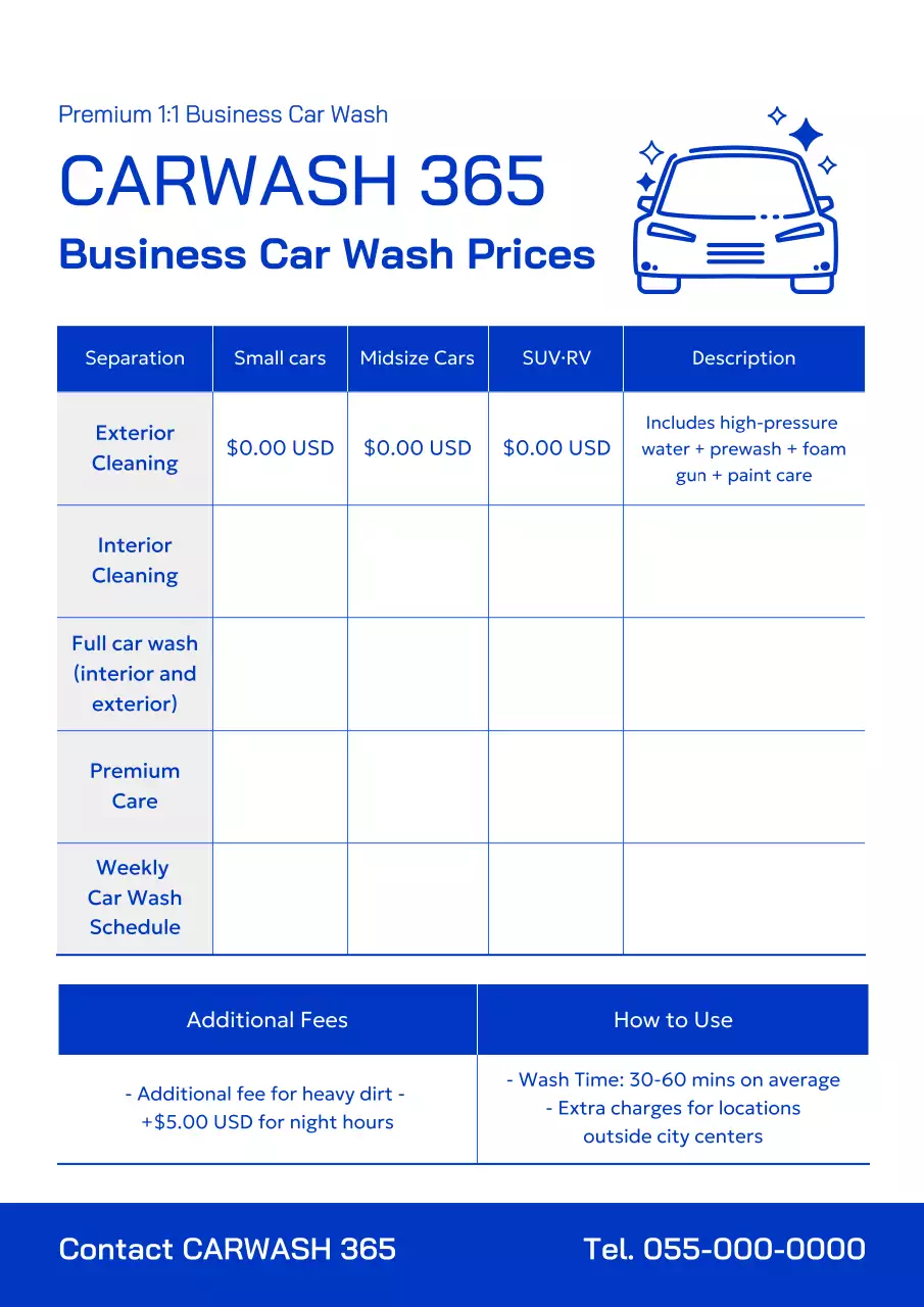blue modern car wash menu