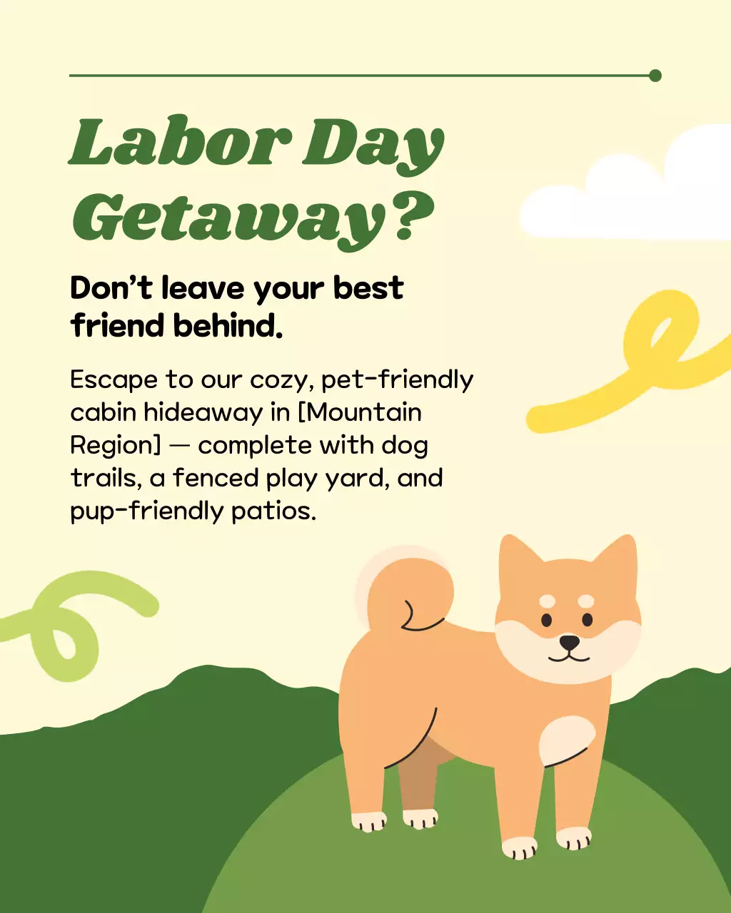 Green and Yellow Labor Day Travel and Outdoor Activities with Pet Social Media Template