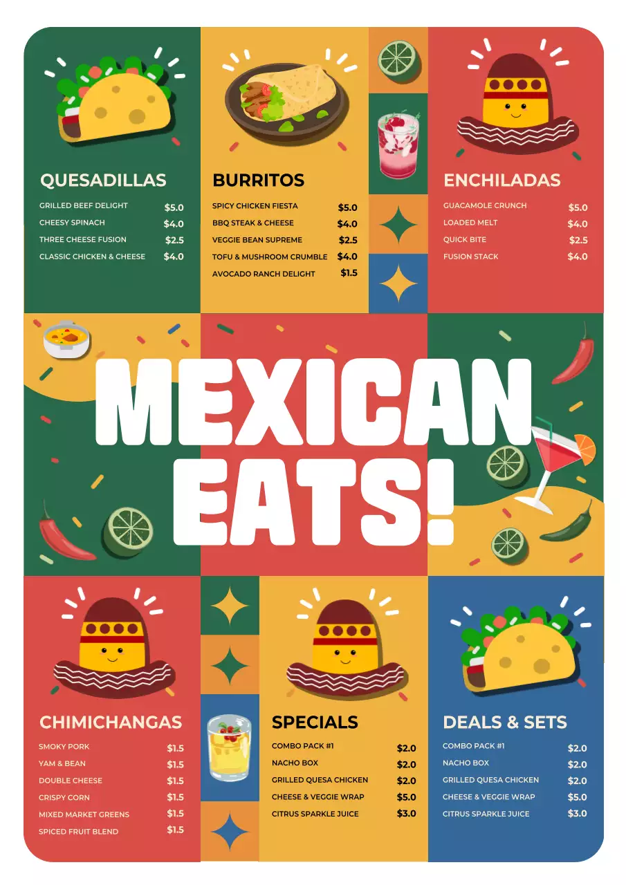 Colorful Retro Mexican Menu Advertisement Poster
