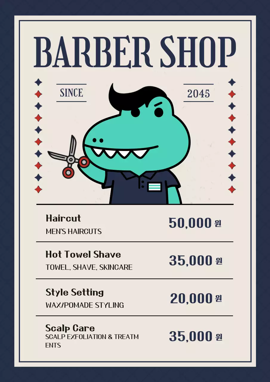 Bảng giá thực đơn tiệm cắt tóc cổ điển màu xanh navy