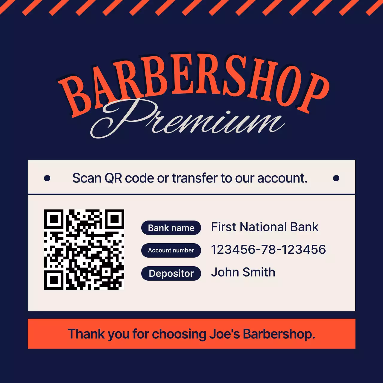Vintage barbershop remittance guide in navy and orange