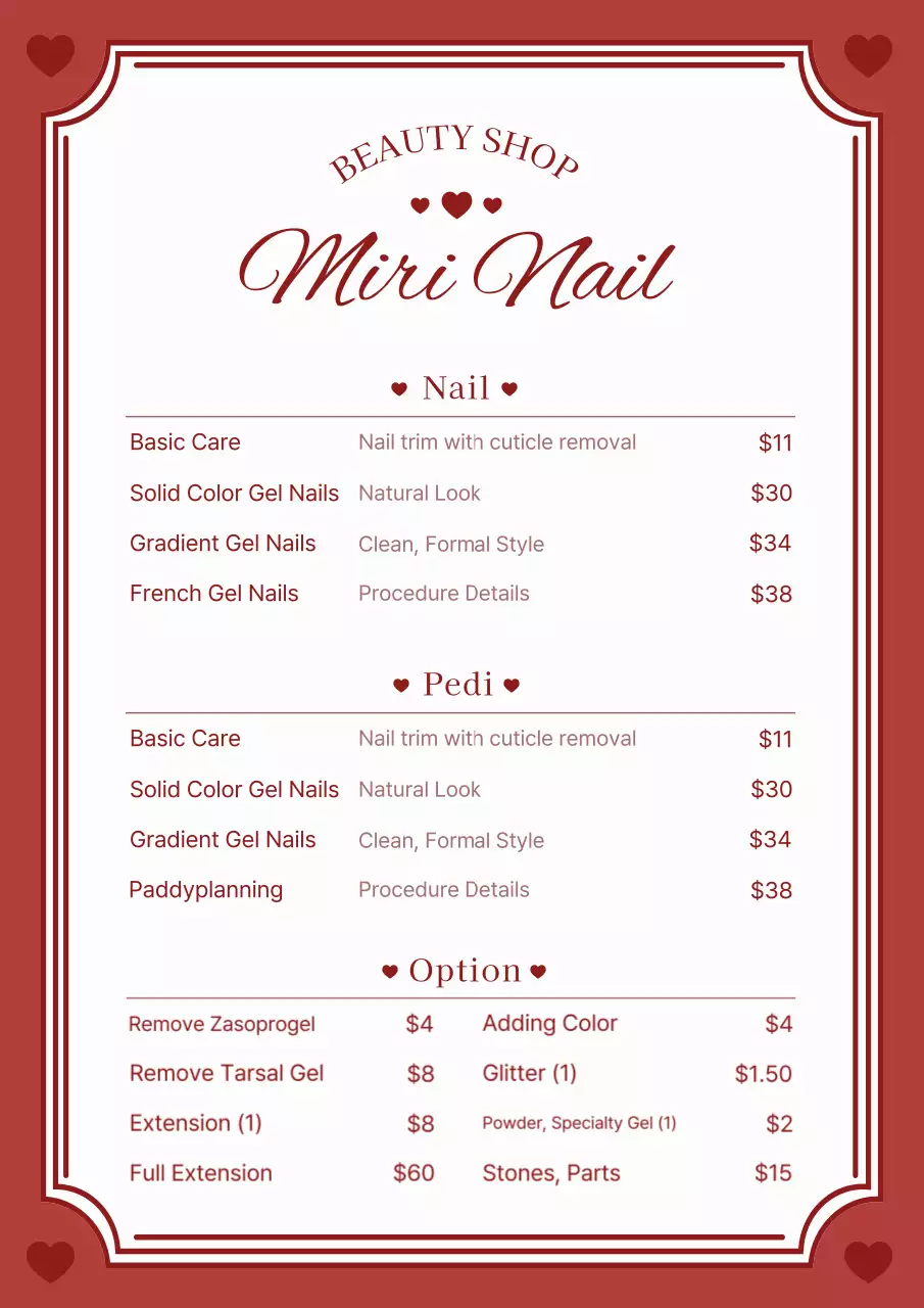 Bảng menu móng tay đơn giản màu đỏ