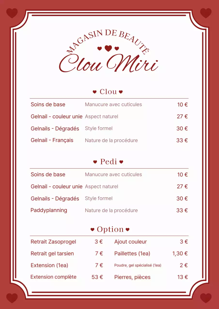 Tableau de menu simple et rouge pour ongles