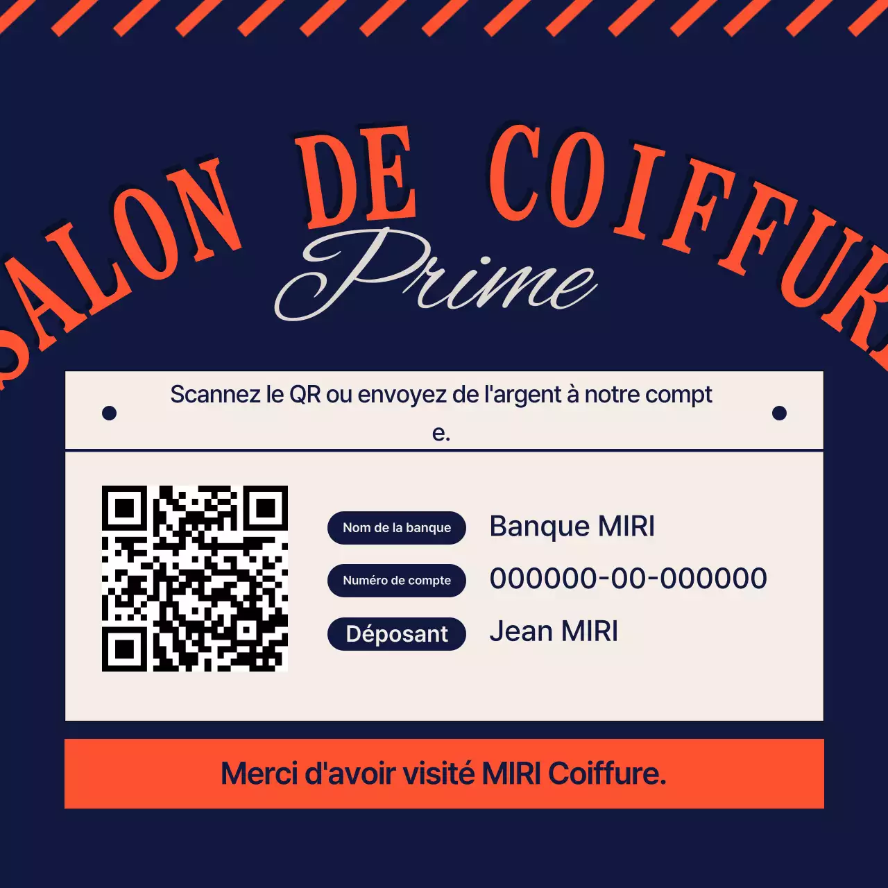 Guide de remise de salon de coiffure vintage en bleu marine et orange