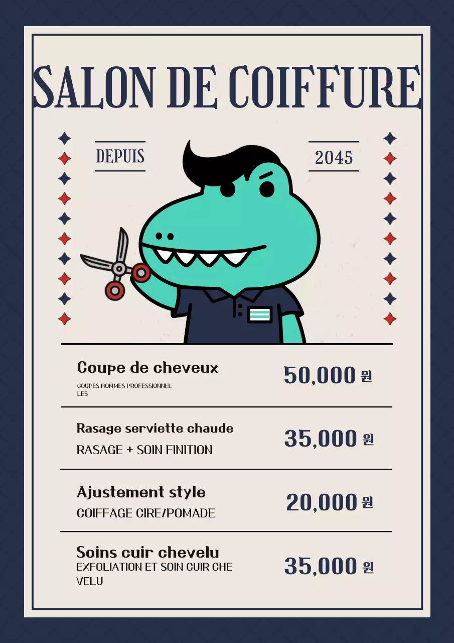 Liste de prix du menu d'un salon de coiffure vintage en bleu marine
