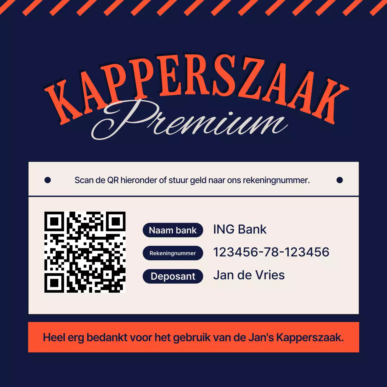 Vintage kappersgids voor geldovermakingen in marineblauw en oranje