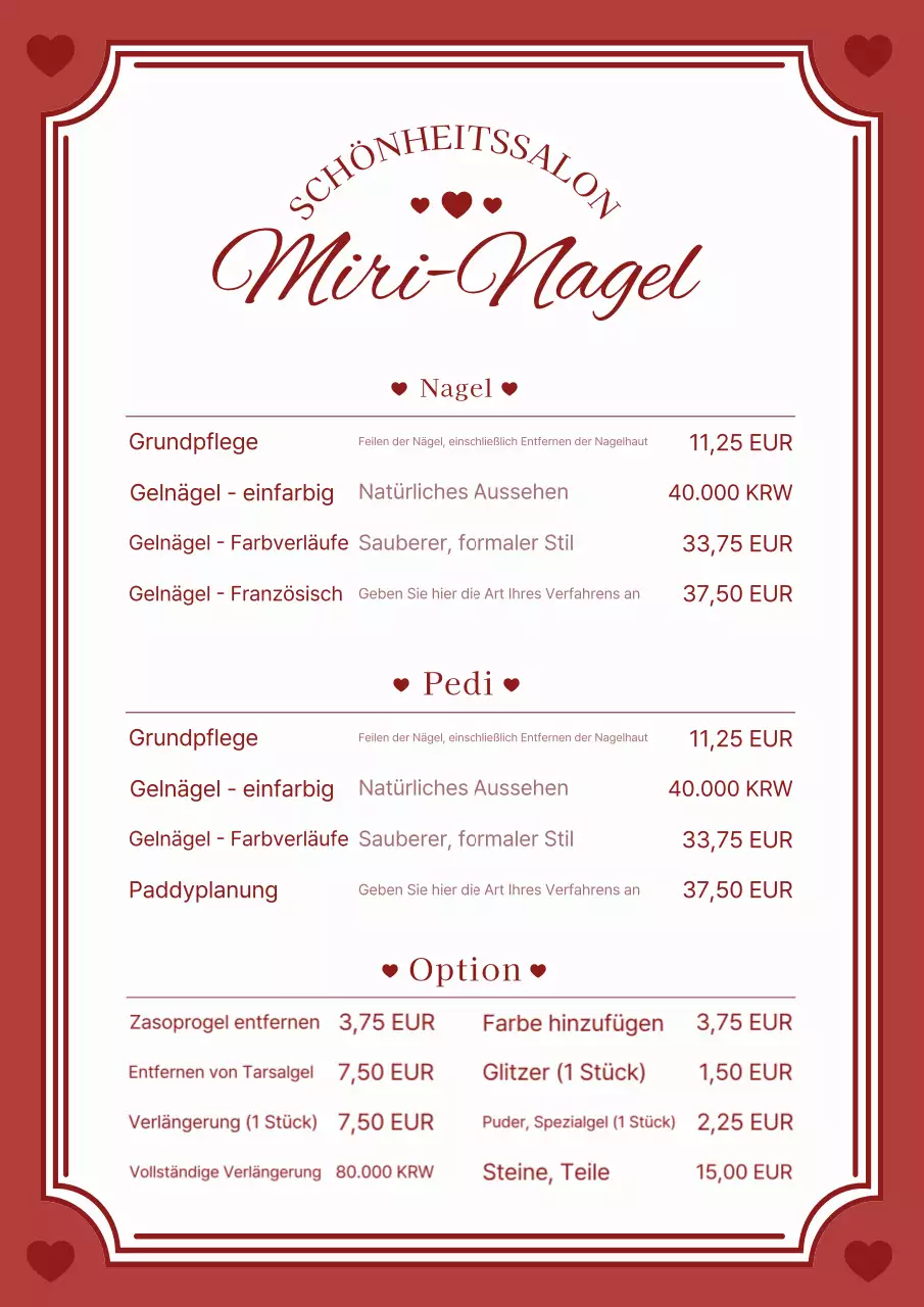 Rotes, einfaches Nagel-Menübrett