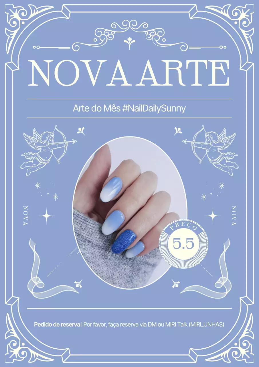 Promoção de luxuosa arte de unhas azul-celeste