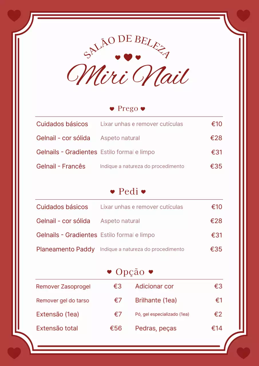 Quadro de menu de unhas simples vermelho