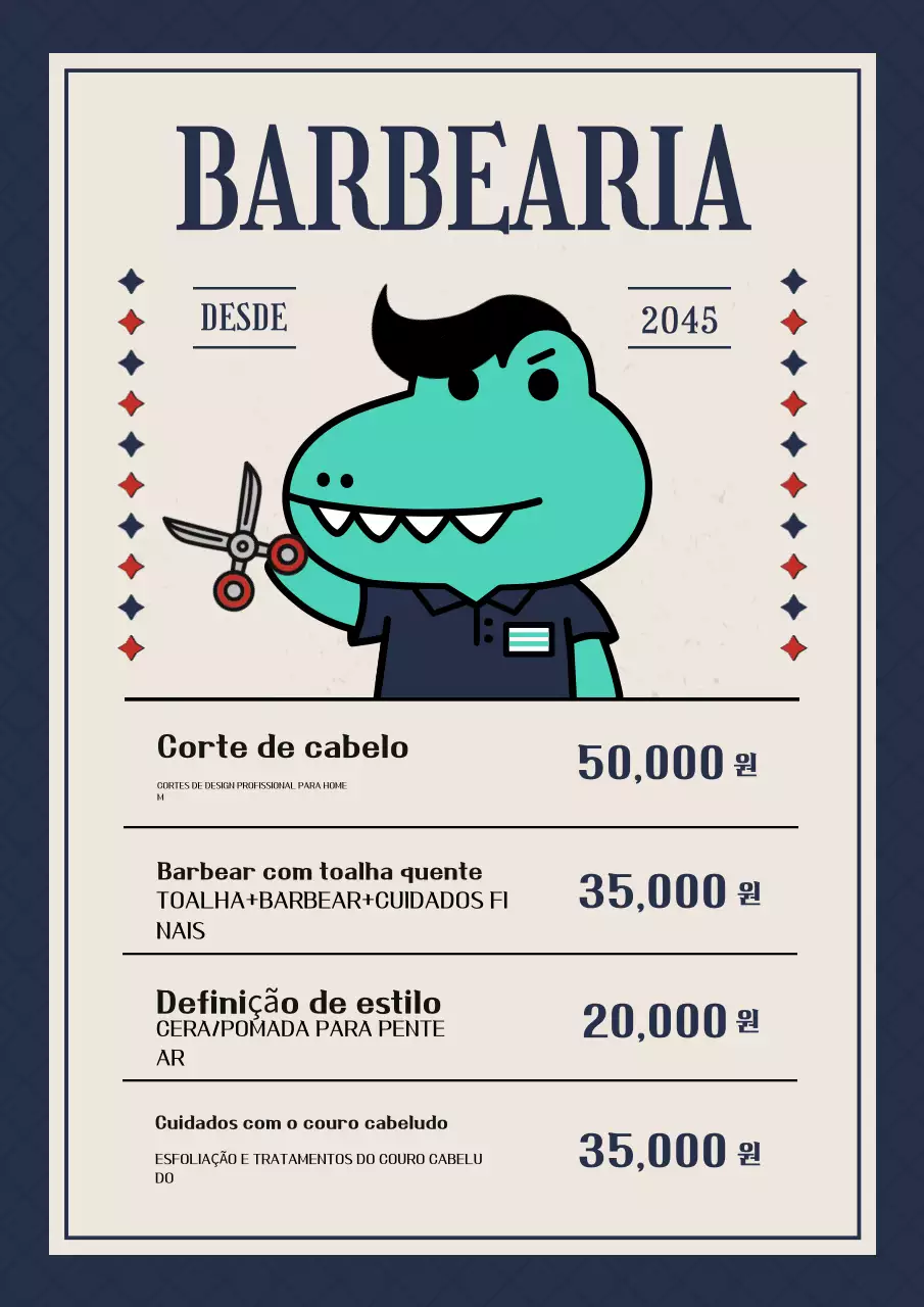 Lista de preços do cardápio da barbearia vintage em azul marinho