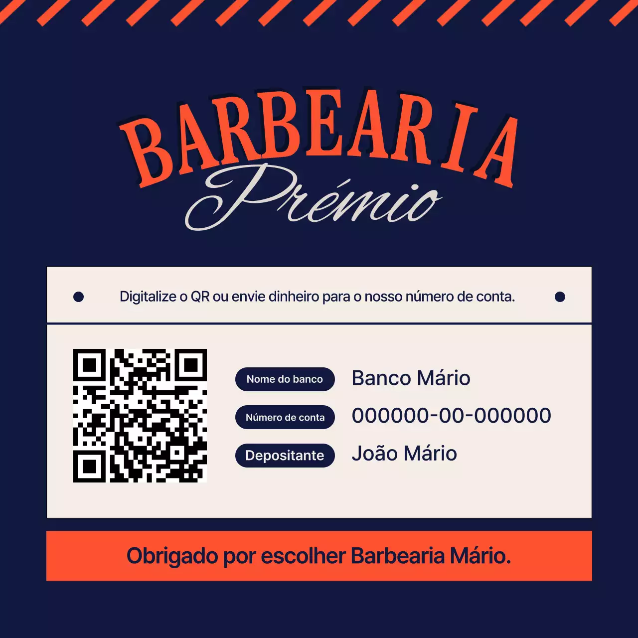Guia de remessa de barbearia vintage em azul marinho e laranja