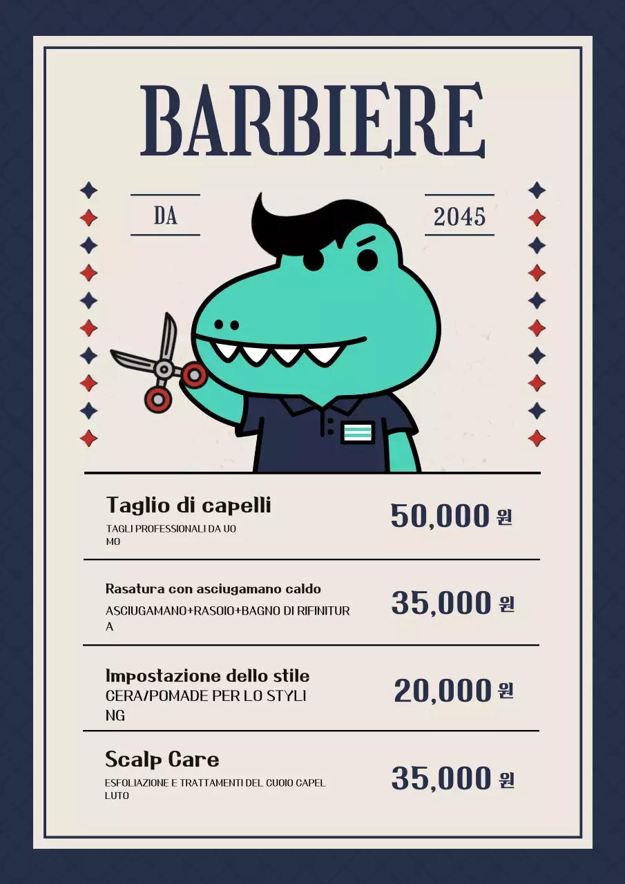 Listino prezzi del menù del barbiere d'epoca in blu navy