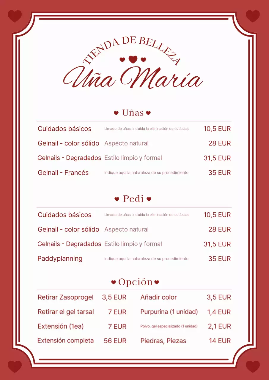 Tablero de menú de uñas rojas simples