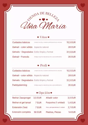 Tablero de menú de uñas rojas simples