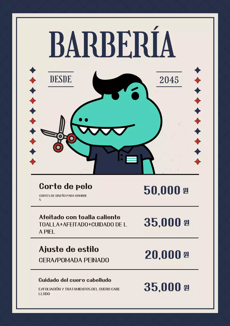 Lista de precios del menú de barbería vintage en azul marino