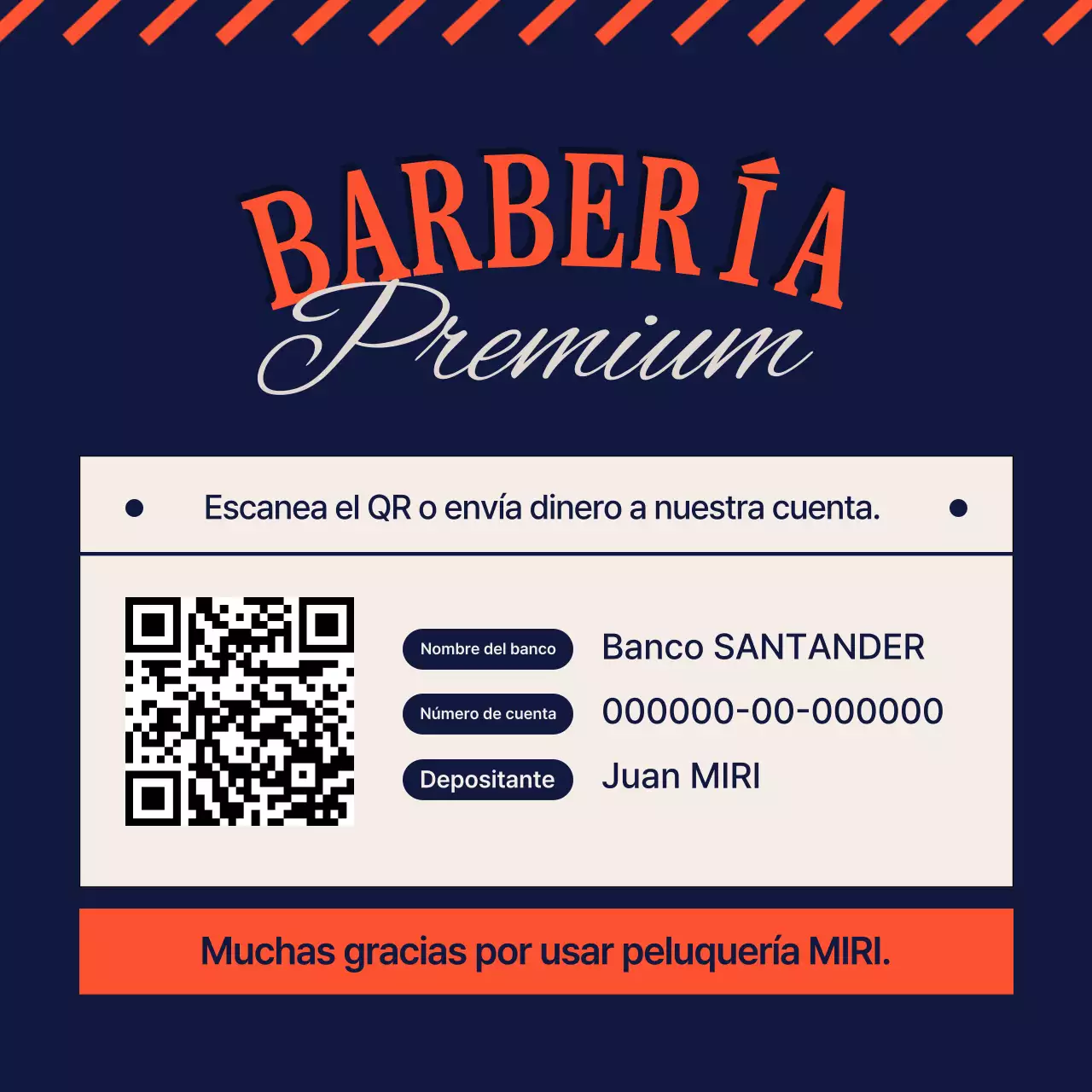 Guía de remesas de barbería vintage en azul marino y naranja