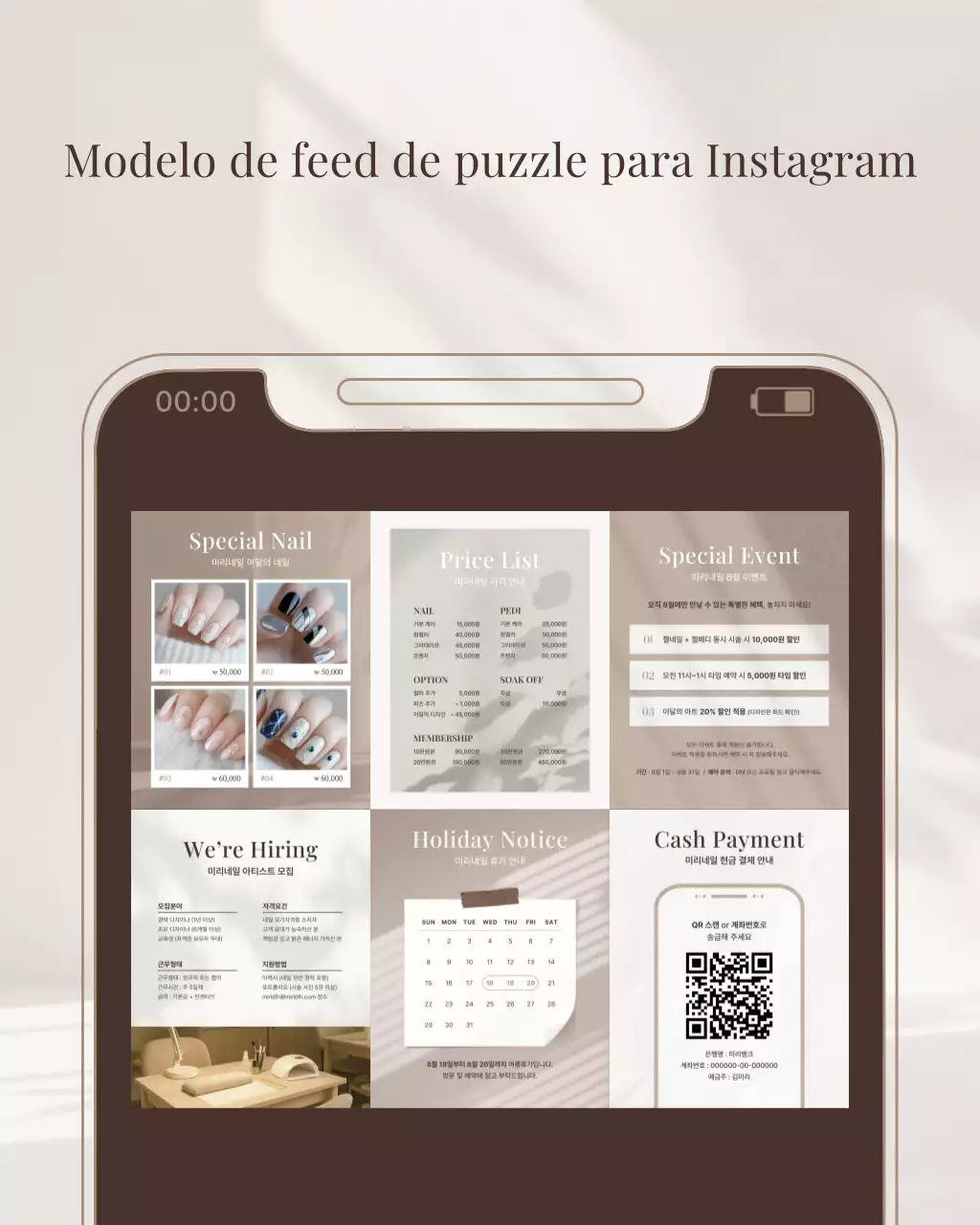 Uma postagem simples de quebra-cabeça no Instagram de um salão de beleza em tons de bege e marrom.