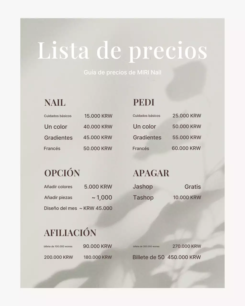 Una sencilla publicación de feed de rompecabezas de Instagram de un salón de uñas en tonos beige y marrón.