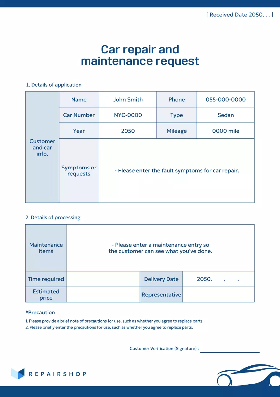 blue modern car maintenance document
