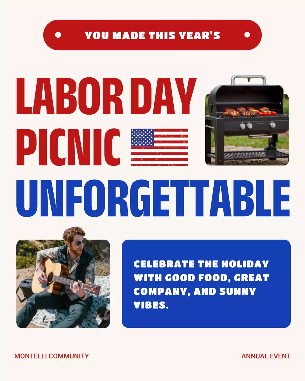 Red and Blue Bold Labor Day Community Picnic Instagram Carousel Post