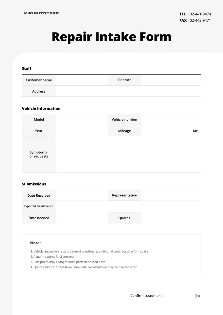 black minimal repair form document