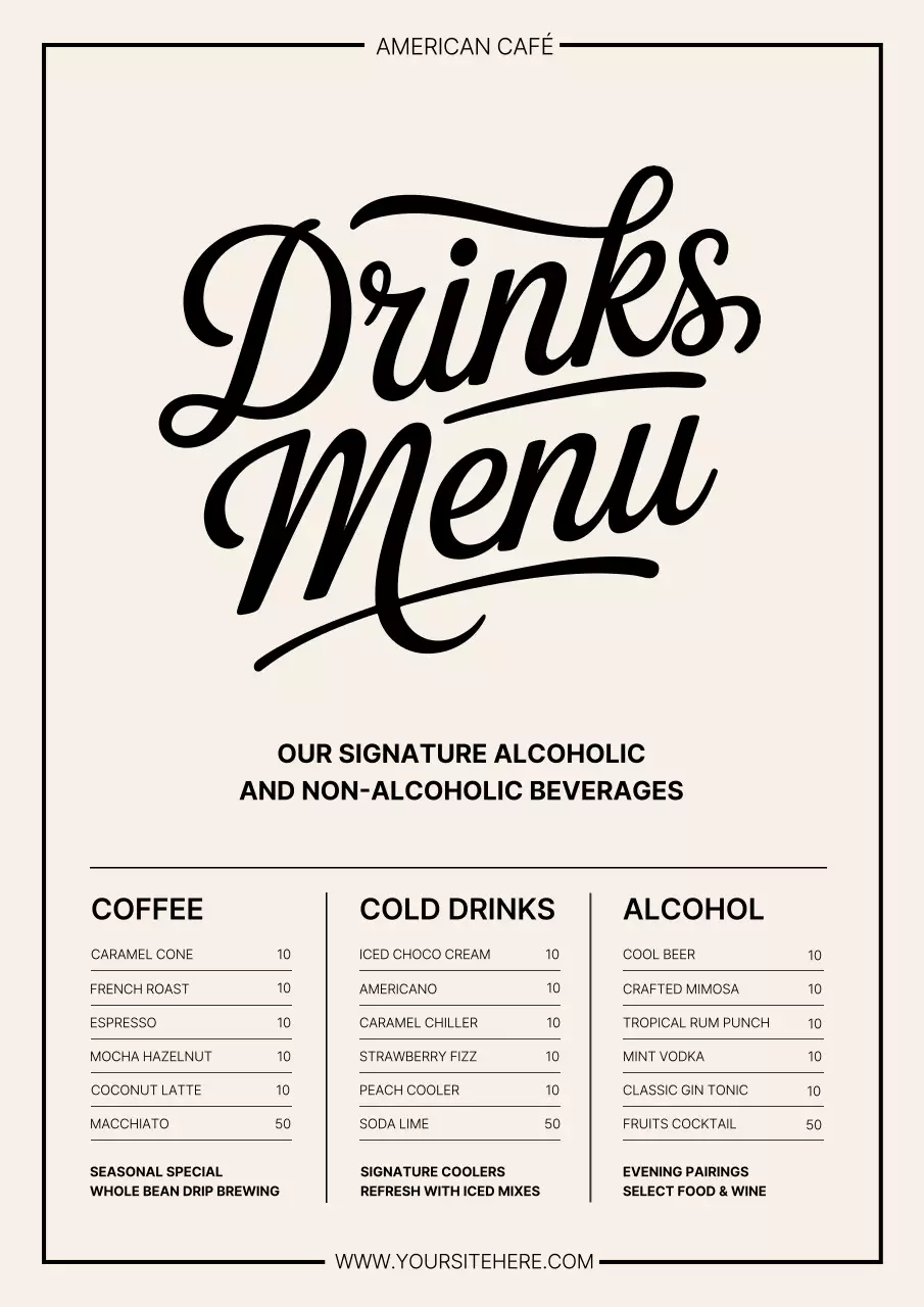 Beige Classic Drinks Menu Poster