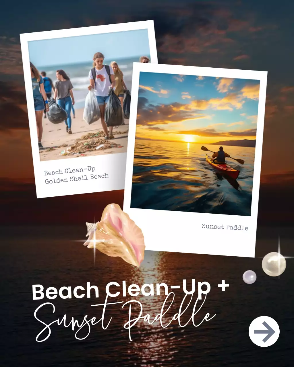 Black Orange and White Beach Clean Up Sunset paddle Social Media Template
