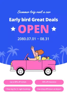 anúncio de aluguel de carro retrô azul