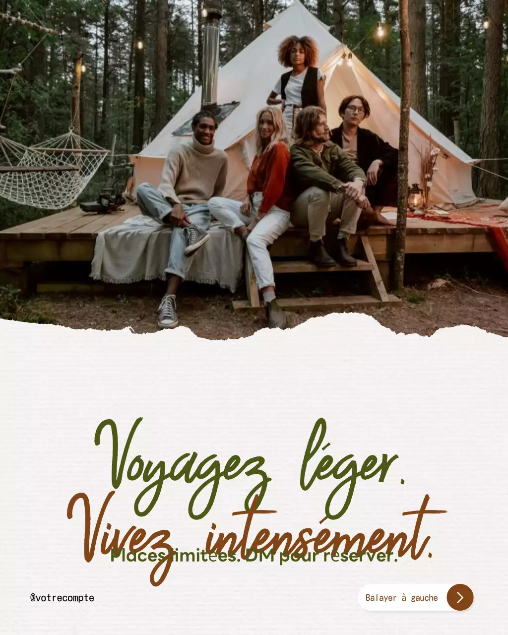Publication Instagram d'une publicité pour un glamping rustique beige