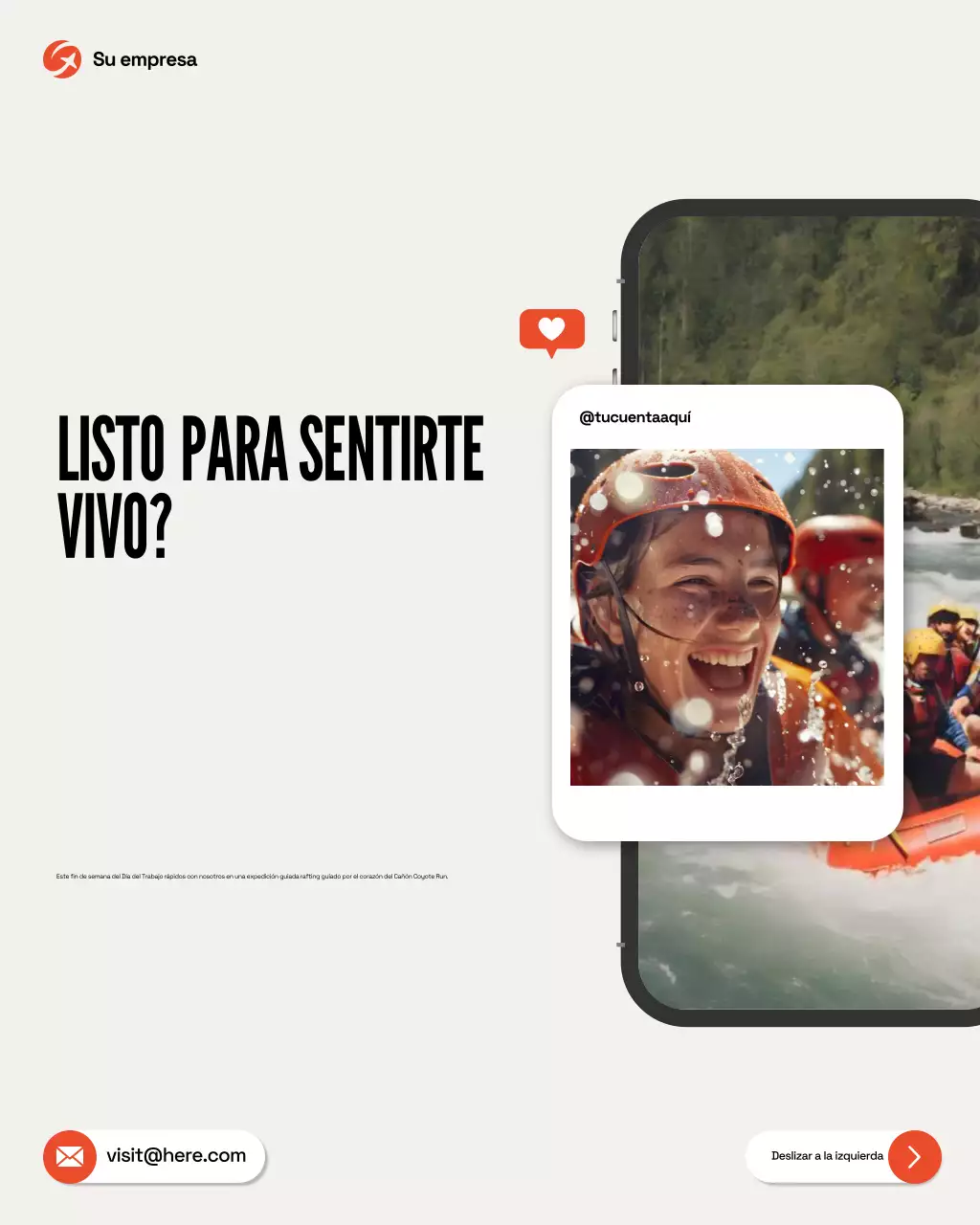 Publicación de Instagram de la promoción de rafting de moda naranja