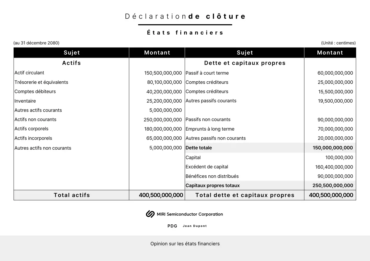 États financiers nets en noir et blanc