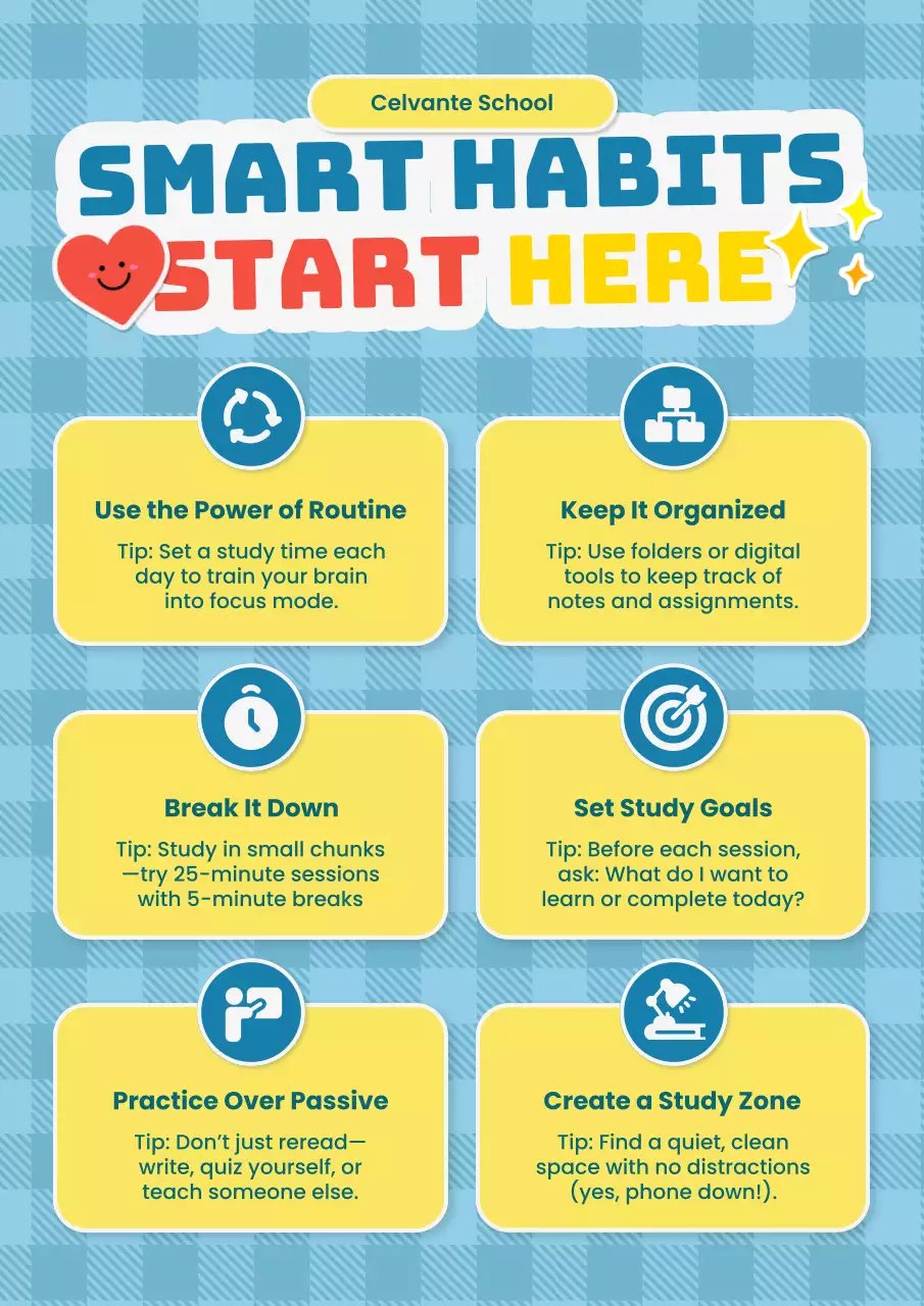 Purple and Green Cute Illustrative School Study Tips Poster