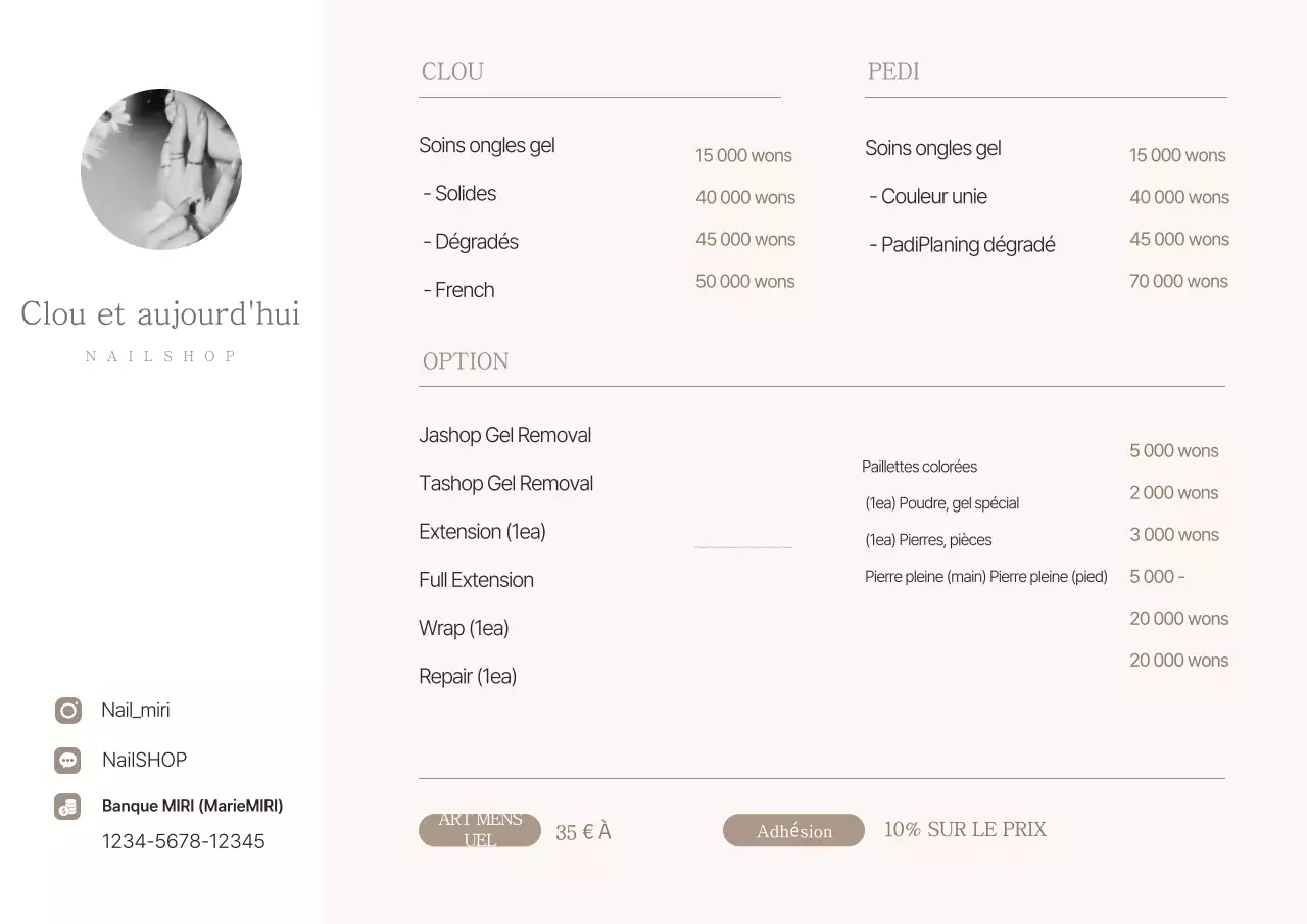 Guide des prix de la boutique Beige's Simple Beauty