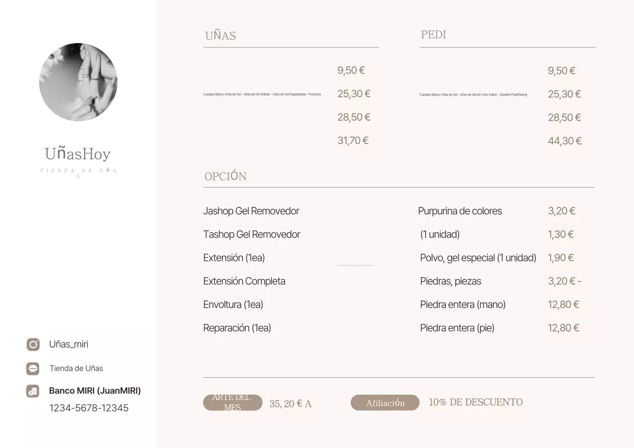 Guía de precios de la tienda de belleza simple de Beige