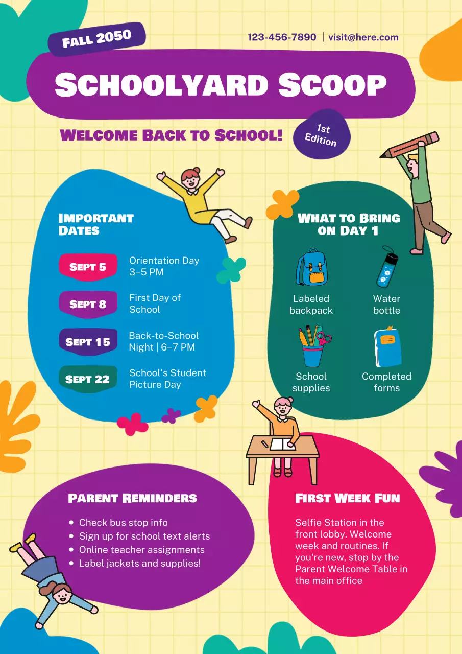 Blue and Yellow Fun Colorful Back to School Elementary School Newsletter Poster