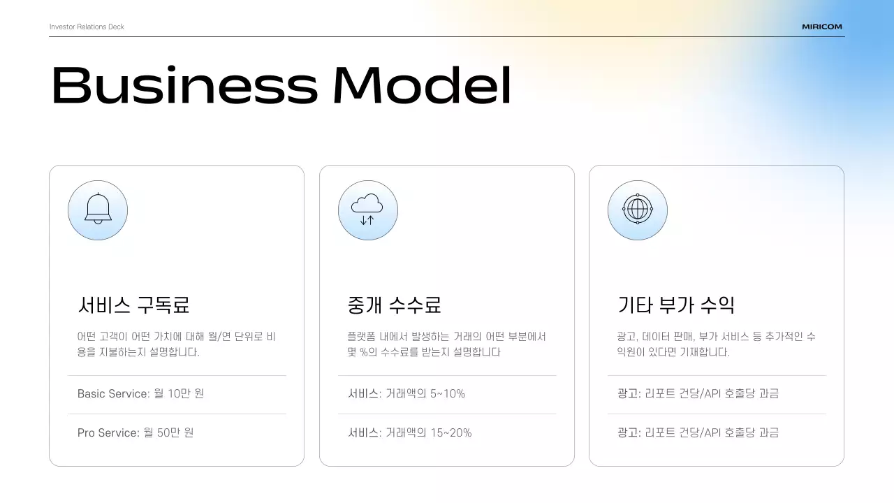 하늘색 모던 발표 자료 설명 IR