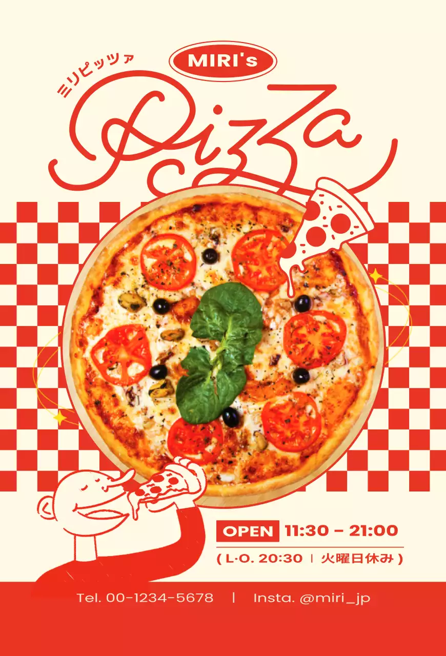 赤 ポップ ピザ ポスター メニュー強調イラスト