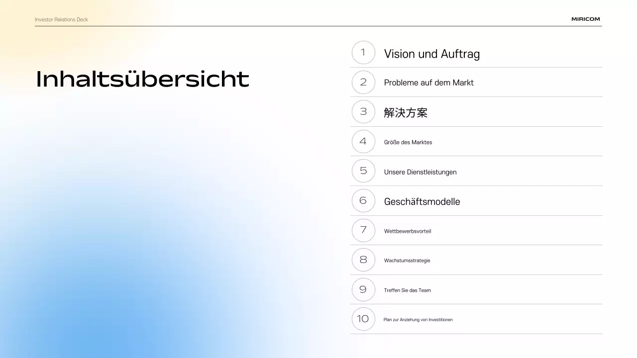 Beschreibung des modernen IR-Präsentationsmaterials in Himmelblau