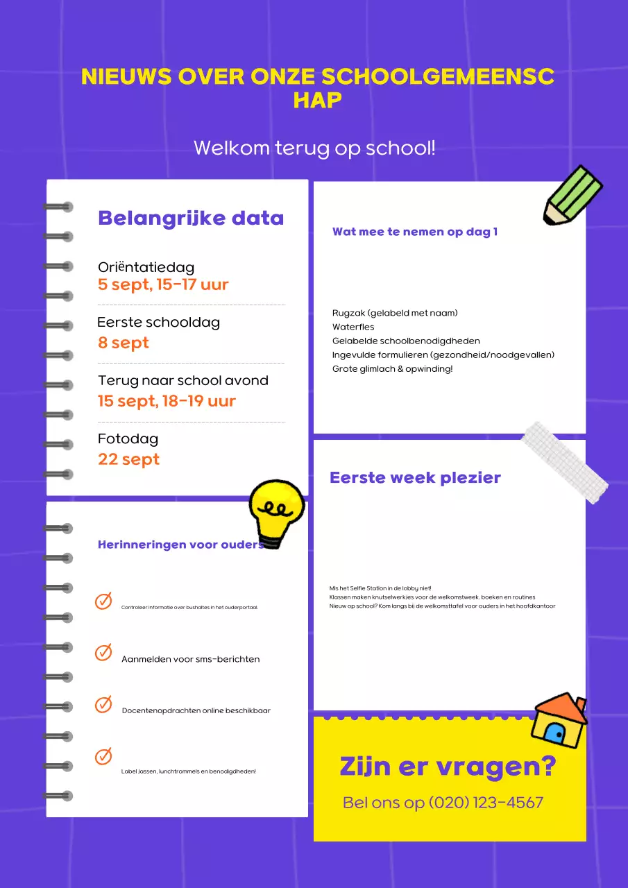 Paarse poster van de nieuwsbrief van de moderne school