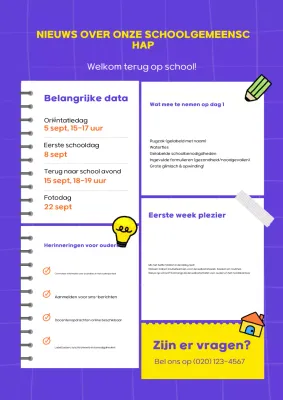 Paarse poster van de nieuwsbrief van de moderne school