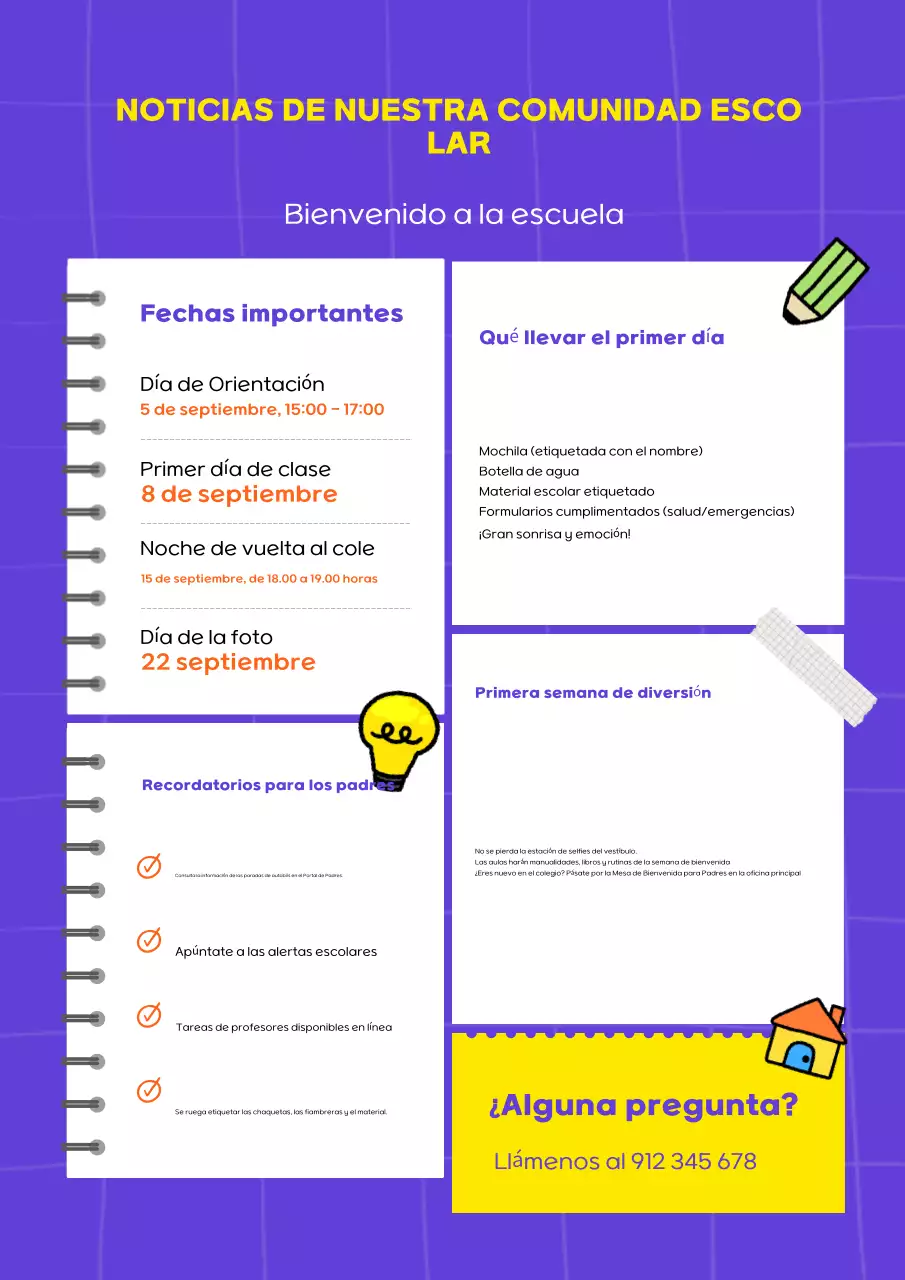 Póster del boletín escolar moderno morado