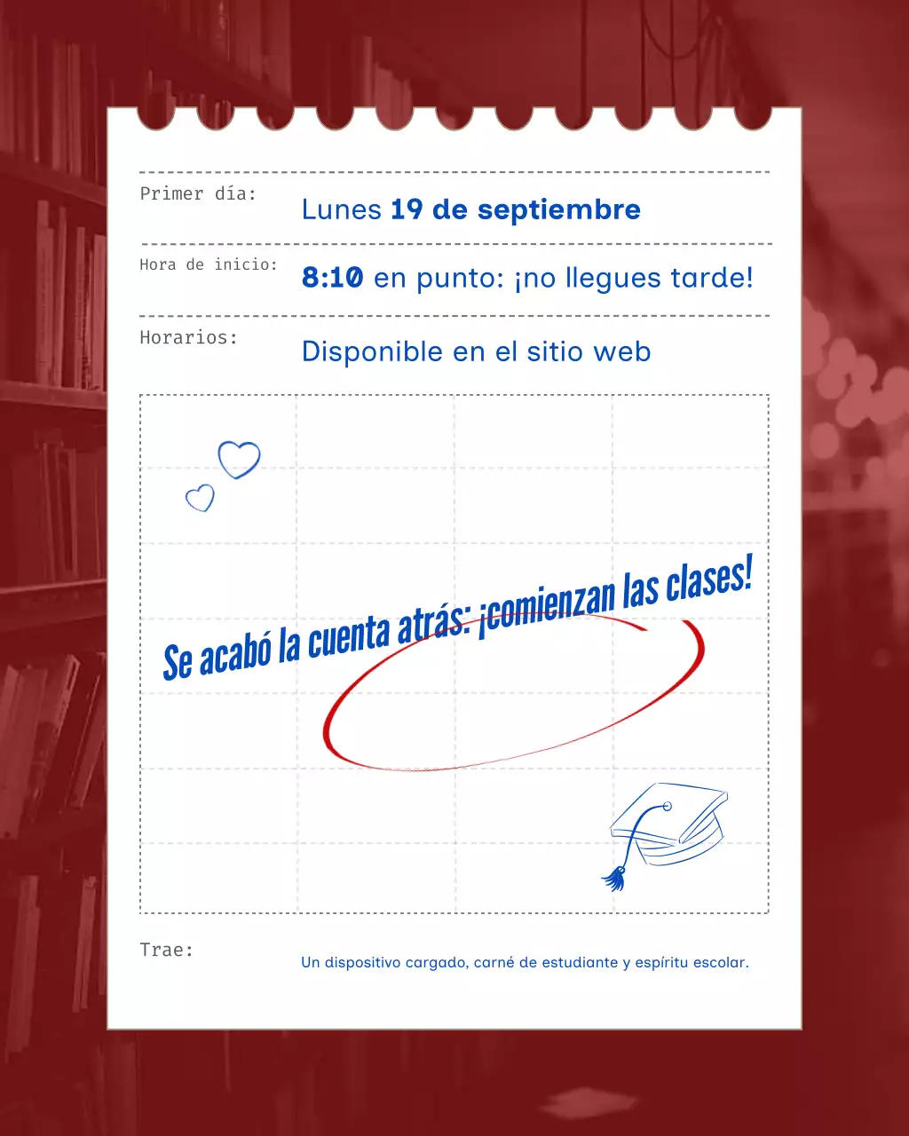 Publicación de Instagram del anuncio de la escuela clásica marrón gris azul