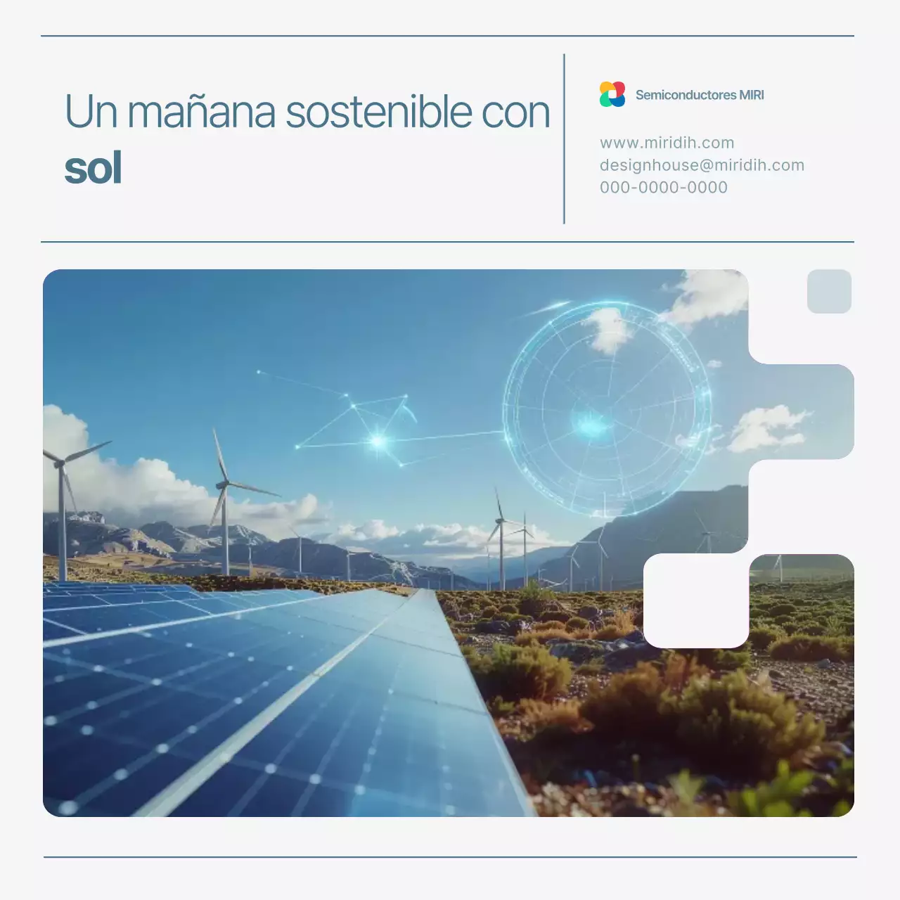 Promoción solar sencilla y ecológica en blanco y azul cielo.