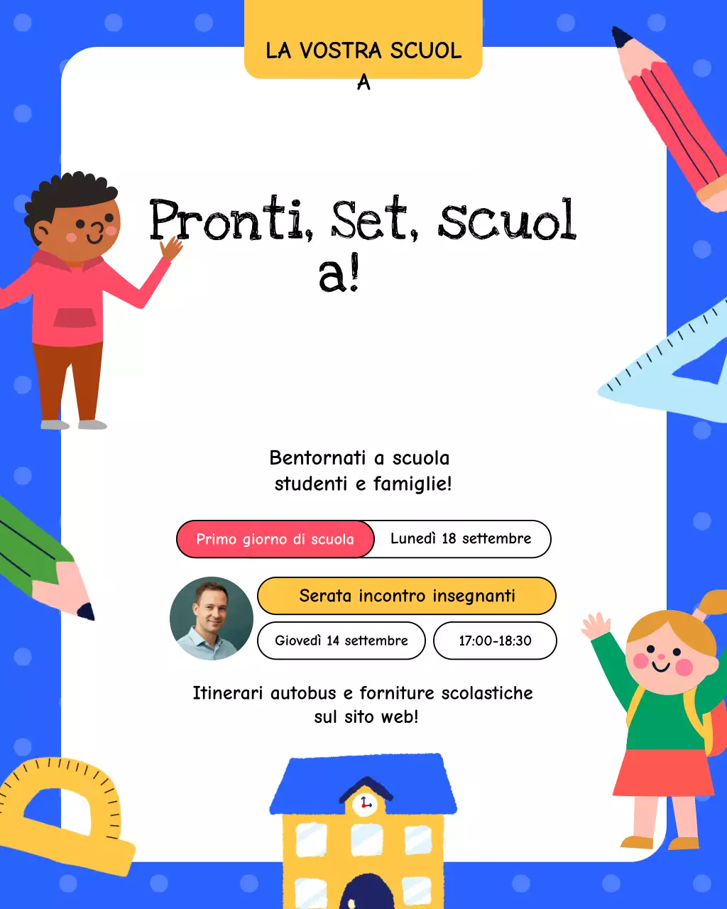 Annuncio scolastico giocoso blu su Instagram